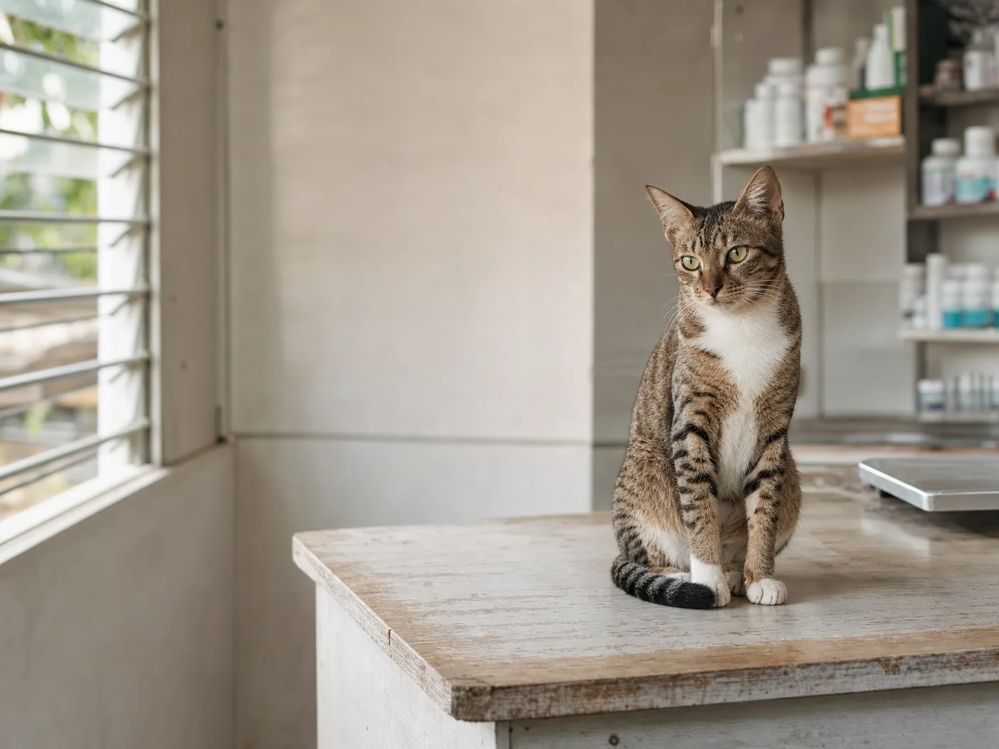 A puspin sitting on a clinic counter beside a window