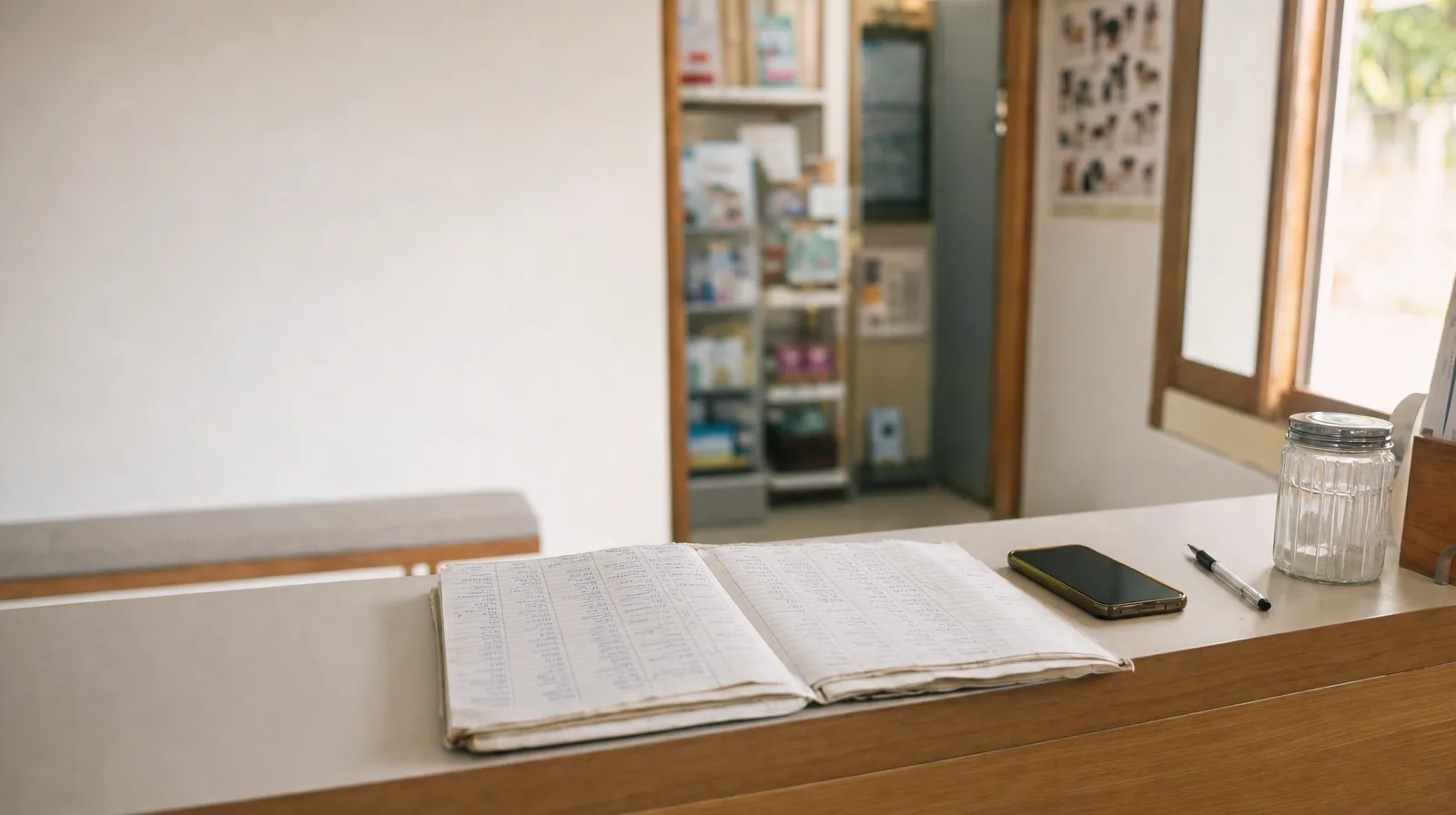A paper appointment logbook open on a clinic counter beside a phone